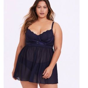 NAVY MESH & LACE HARNESS UNDERWIRE BABYDOLL
